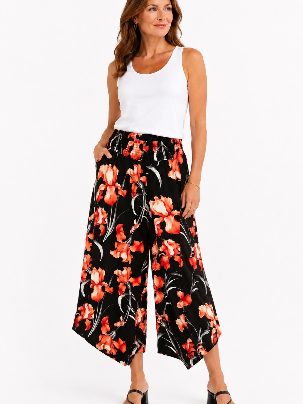 Cato Black Wide-Leg Handkerchief Hem Pants Orange Floral Print Plus Sz 18/20W